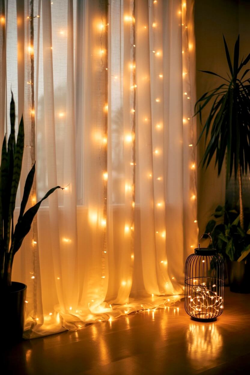 Soft golden lights cascade down sheer curtains, creating a warm, dreamy glow across the room. The gentle shimmer paired with the lantern of twinkling lights adds a calm, inviting layer to these Christmas Window Decorating Ideas.