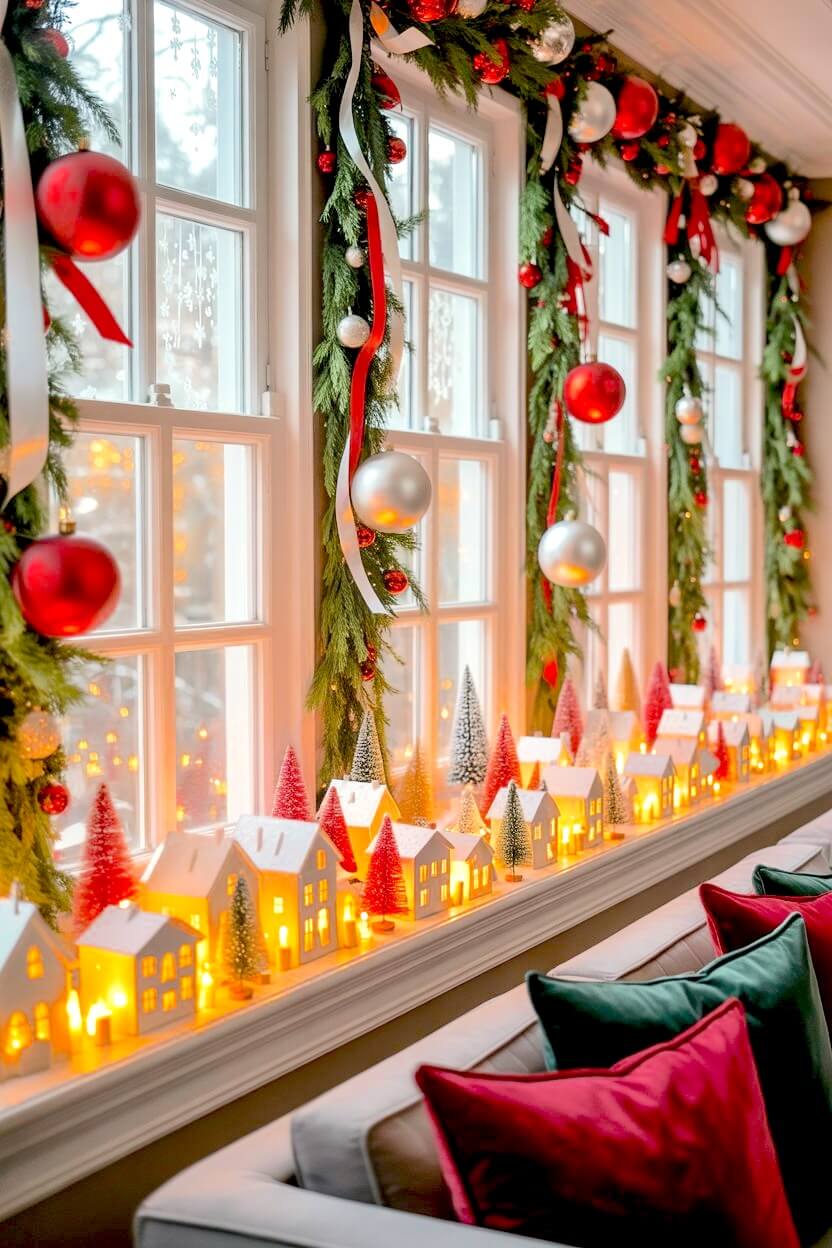 Lush garlands trimmed with red and silver ornaments frame tall windows glowing with a tiny illuminated village below. The layered greenery, ribbons, and warm house lights bring nostalgic holiday magic to these Christmas Window Decorating Ideas.