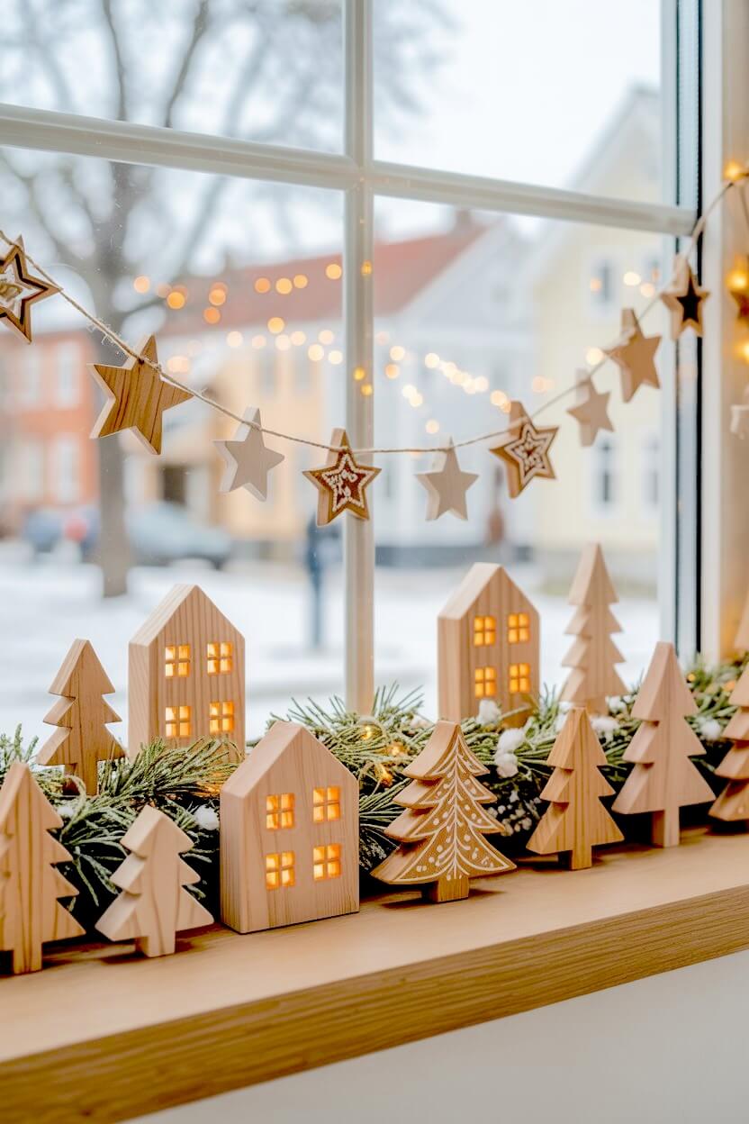Tiny wooden houses glow with soft amber light along a frosted evergreen garland, creating a peaceful winter village on the windowsill. A strand of wooden star garland adds gentle charm to these Christmas Window Decorating Ideas.