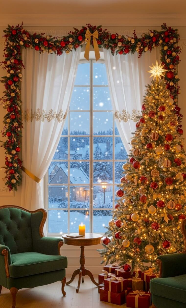 A snowy landscape glows through tall windows framed in rich garland trimmed with red and gold ornaments. The warm candlelight and sparkling tree bring a classic, storybook feel to these Christmas Window Decorating Ideas.
