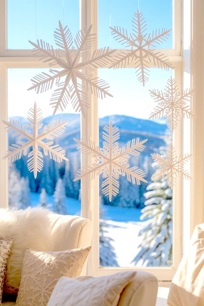 Layered paper snowflakes float in front of bright winter mountains, filling the window with soft, sculptural texture. Cozy pillows and creamy fabrics ground these airy Christmas Window Decorating Ideas in warmth and calm