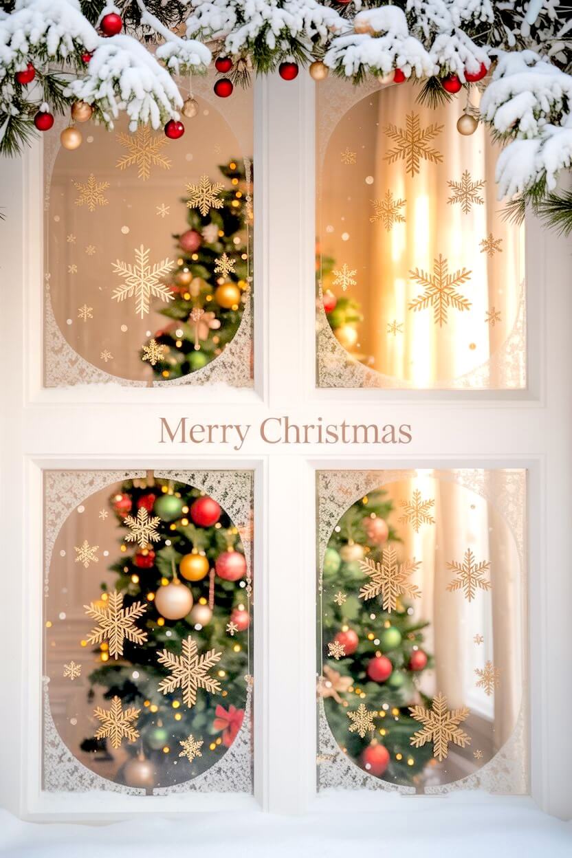 Soft golden snowflake window clings glow against frosted windowpanes, framing a twinkling Christmas tree inside while snowy garland drapes overhead. The warm lights and gentle shimmer add a peaceful, classic touch to these Christmas Window Decorating Ideas.