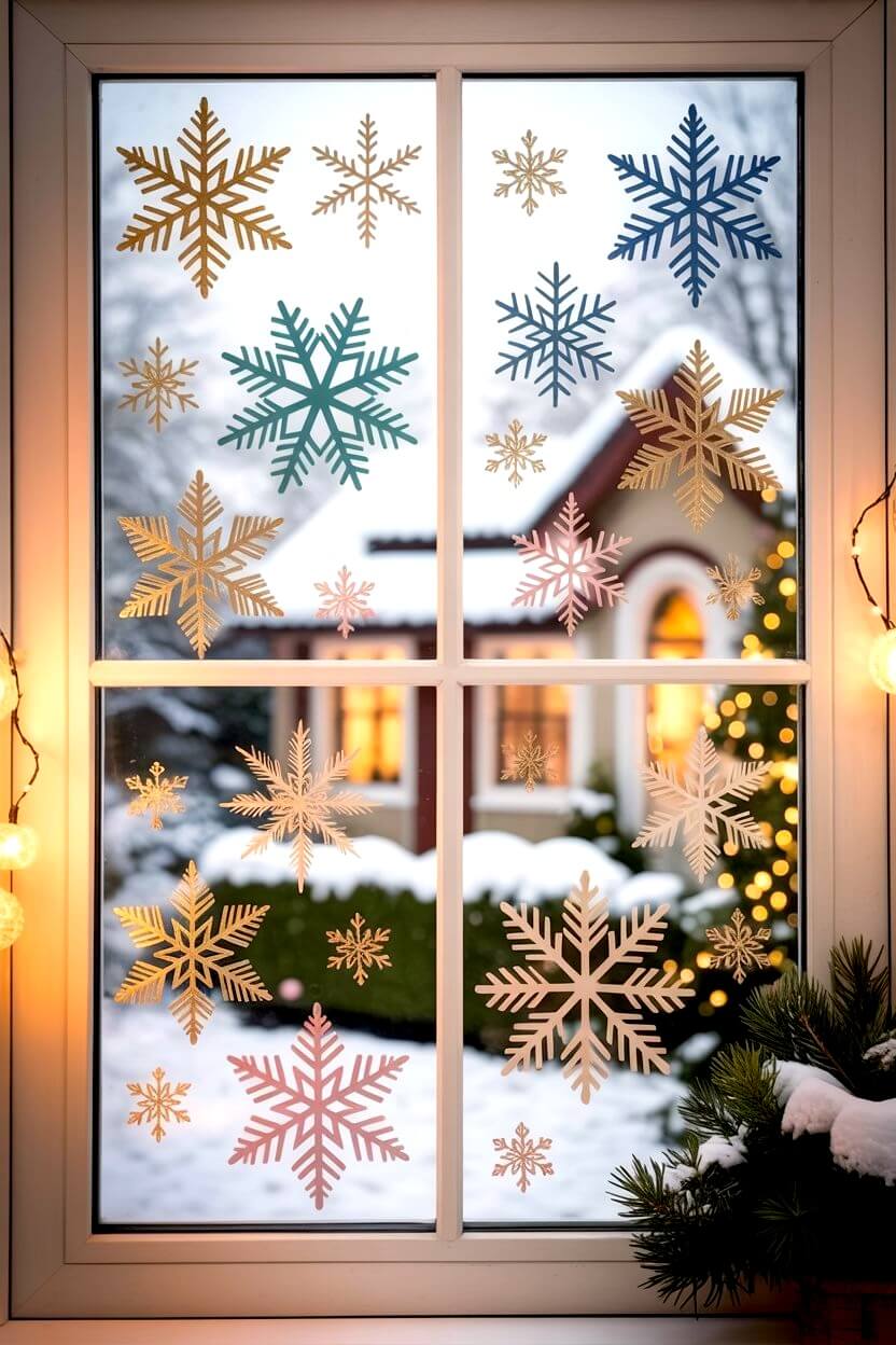 Colorful snowflake window clings scatter across the window, catching the afternoon light and creating a cheerful winter view of the snowy yard outside. Their mix of gold, blue, and blush adds playful charm to these Christmas Window Decorating Ideas.