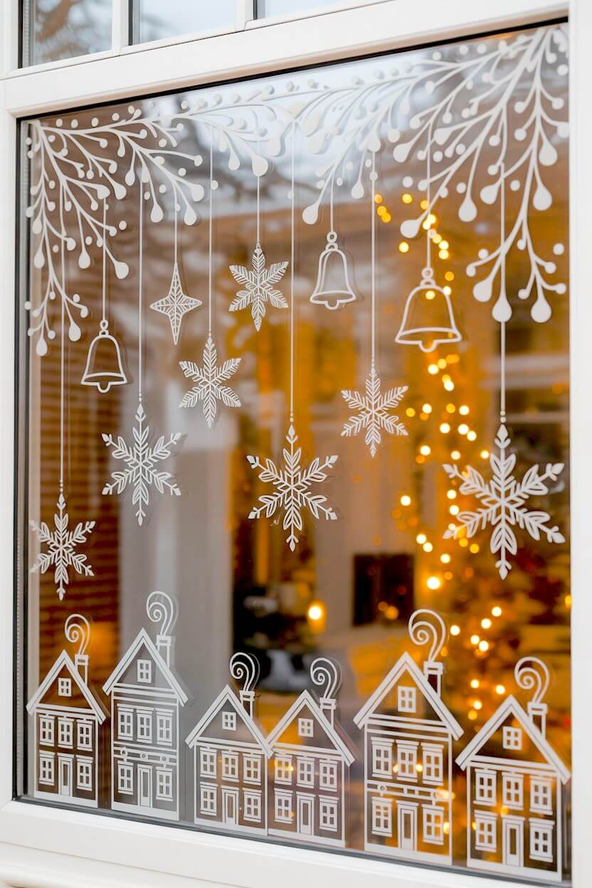 White window clings of bells, stars, snowflakes, and tiny houses form a whimsical winter scene, glowing softly with the Christmas tree lights inside. The hand-drawn look adds a sweet, magical feel to these Christmas Window Decorating Ideas.