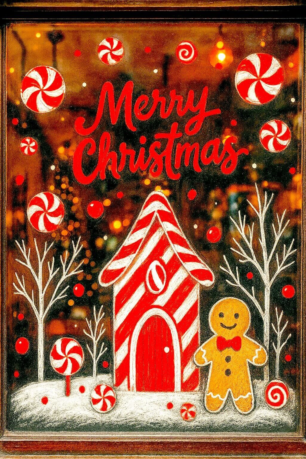 A hand-painted candy-cane cottage, gingerbread figure, and peppermint swirls fill the window with bold red-and-white charm. The warm glow behind the glass gives these Christmas Window Decorating Ideas a cozy, nostalgic sweetness.