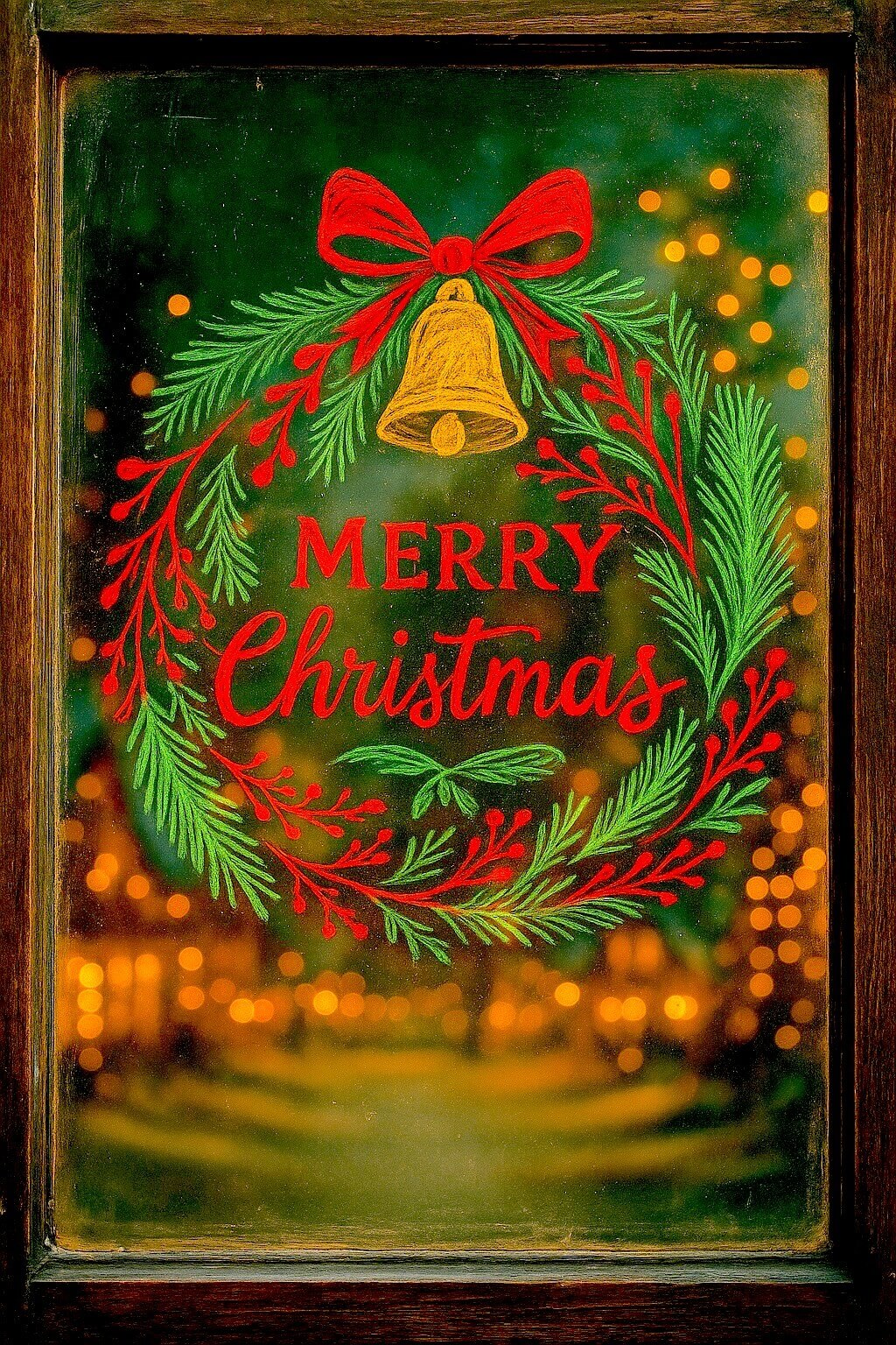 A hand-drawn Christmas wreath with pine branches, red berries, and a golden bell surrounds a bright “Merry Christmas” message on the window. The glowing lights behind the glass make these Christmas Window Decorating Ideas feel festive and inviting.