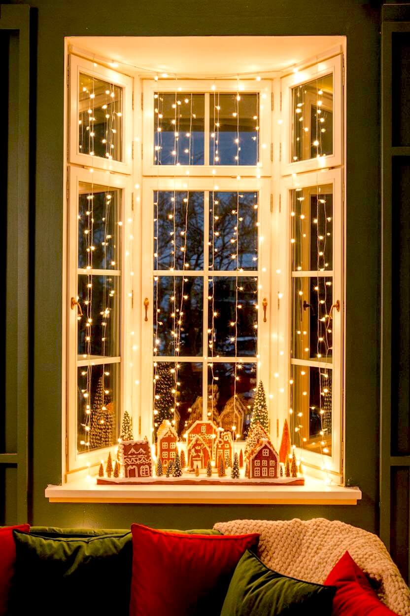 A bay window sparkles with strands of warm icicle lights, framing a charming gingerbread-style village below. The cozy glow against the dark evening sky brings depth and festive nostalgia to these Christmas Window Decorating Ideas.