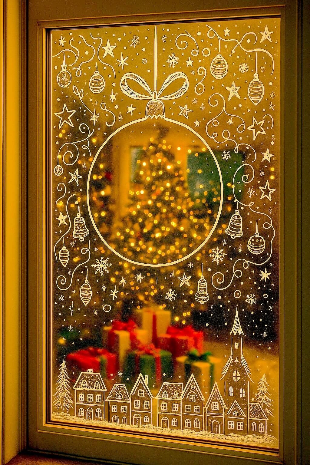 A glowing Christmas tree shines through a window framed with whimsical doodles of ornaments, stars, swirls, and a giant hanging bauble. The warm golden backdrop adds a festive sparkle to these Christmas Window Decorating Ideas.