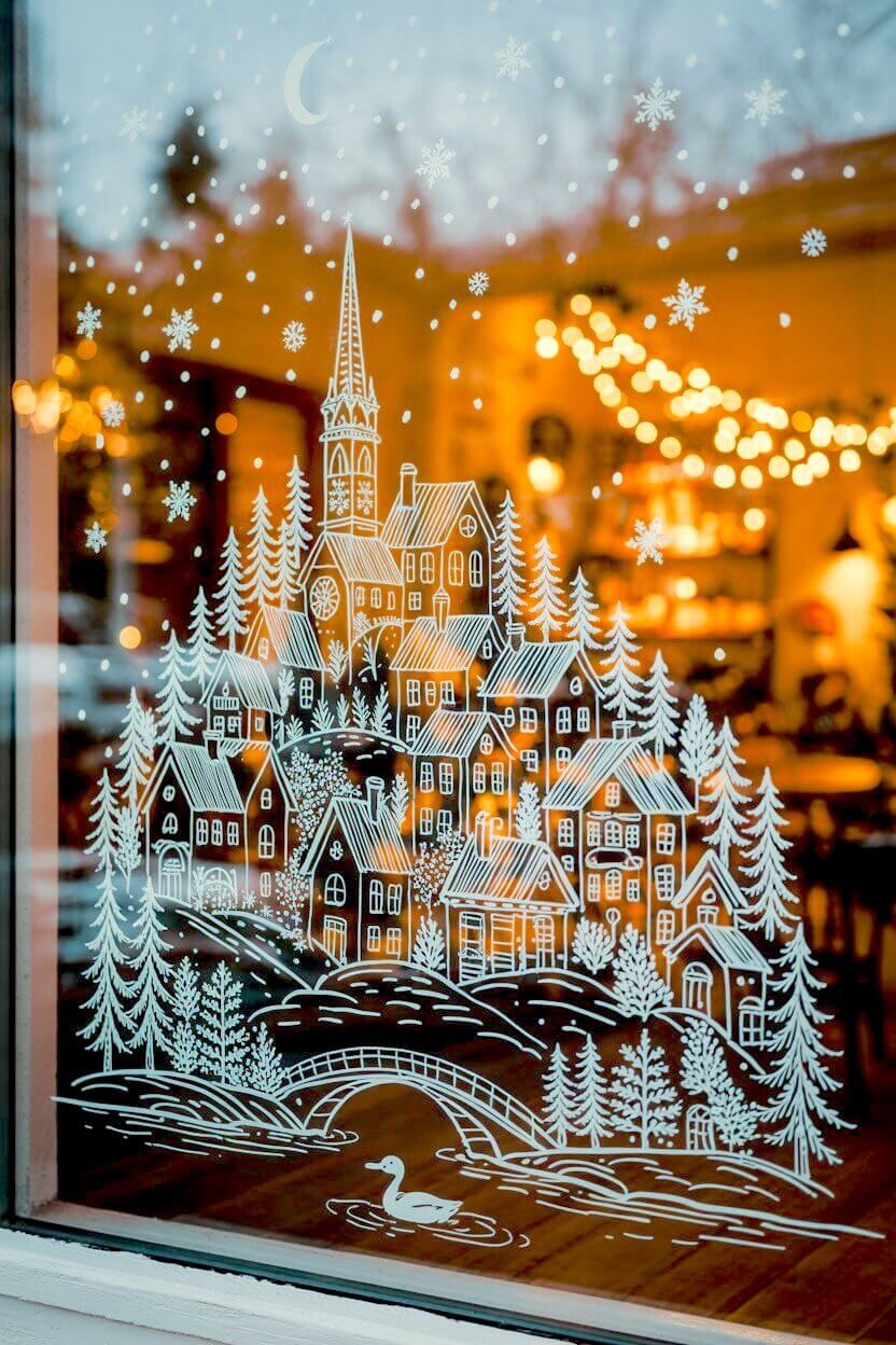 A hand-drawn snowy village stretches across the window, complete with tiny houses, pine trees, and a graceful bridge where a lone duck floats below. Soft bokeh lights inside make these Christmas Window Decorating Ideas feel magical and storybook-like.