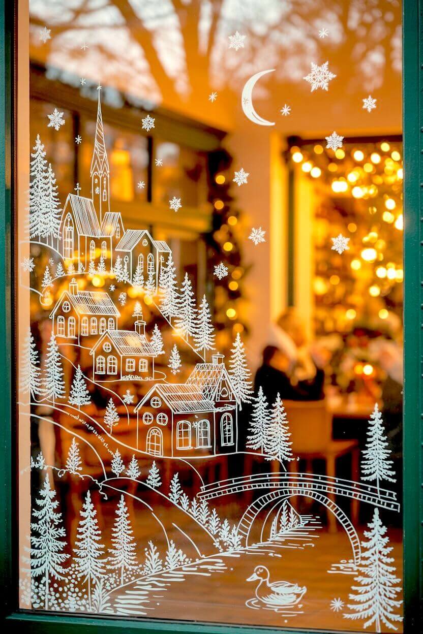 Snowy hand-drawn cottages trail up a hillside toward a tall church steeple, surrounded by pine trees and drifting snowflakes. The warm, cozy interior glow makes these Christmas Window Decorating Ideas feel inviting and nostalgic.