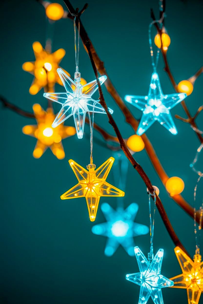 Crystal-clear star lights in icy blue and warm gold hang from simple branches, casting a soft, whimsical glow. The mix of colors and playful shapes adds a modern sparkle to these Christmas Window Decorating Ideas.
