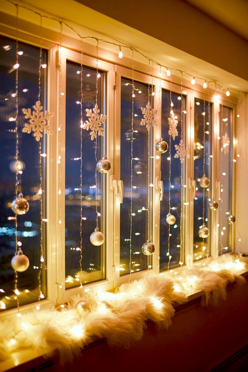 Sheer curtains glow with strands of warm fairy lights, while hanging snowflakes and silver ornaments sway gently in the evening light. The soft layering of shimmer, texture, and warmth adds a dreamy touch to these Christmas Window Decorating Ideas.