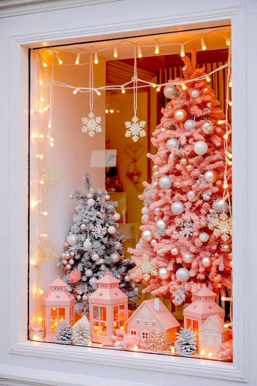 A blush-pink Christmas tree glows beside a snowy miniature fir, both styled with soft ornaments and warm twinkle lights. The pastel village, lanterns, and delicate hanging snowflakes add a sweet, whimsical layer to these Christmas Window Decorating Ideas.