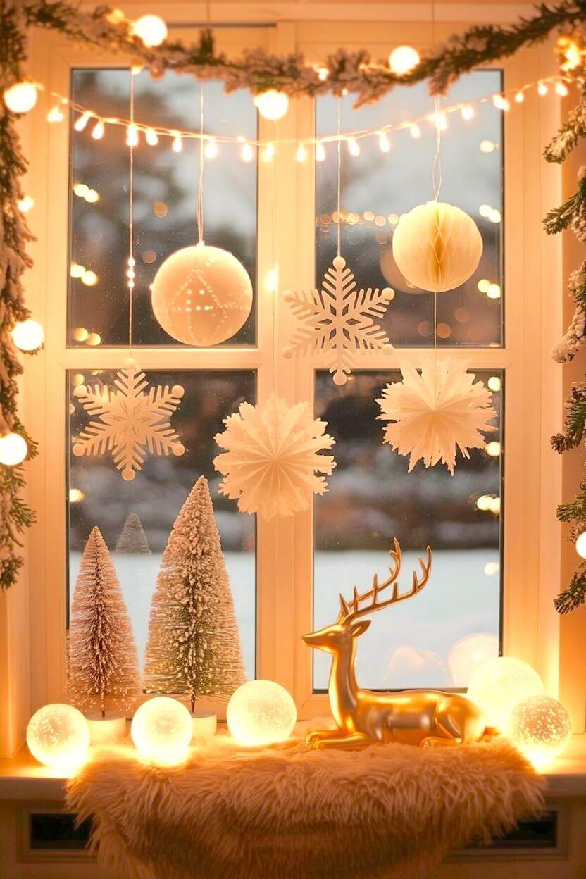 Soft white snowflakes and glowing ornaments hang over a snowy windowsill lined with frosted trees and warm golden lights. The gold deer and layered textures bring a peaceful, wintry charm to these Christmas Window Decorating Ideas.