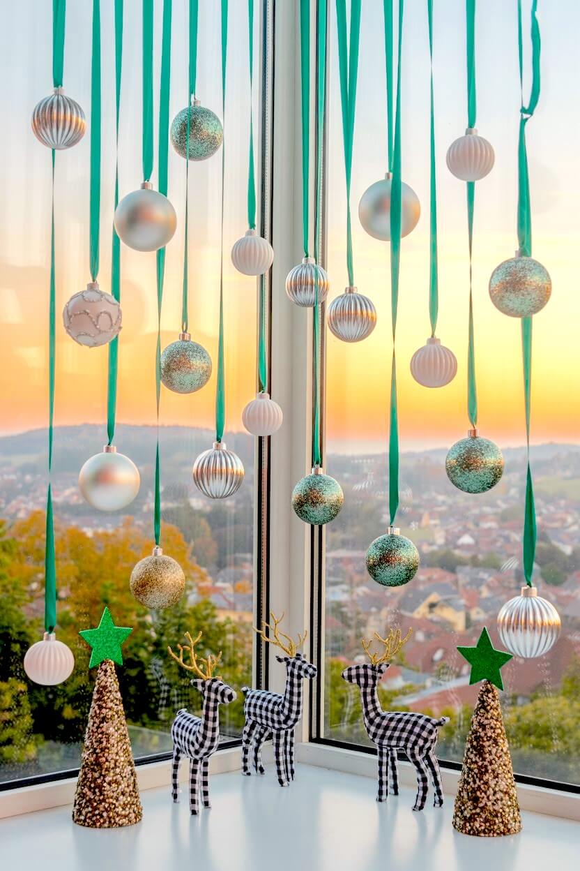 Shimmering ornaments float on long teal ribbons against a glowing sunset, creating a playful, airy holiday moment. Below, gingham reindeer and glittered cone trees add youthful personality to these Christmas Window Decorating Ideas.