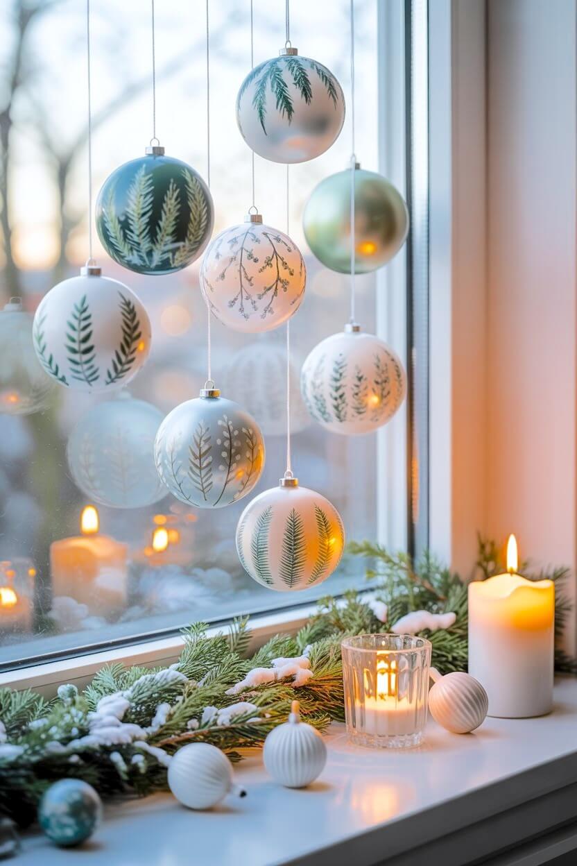 Botanical ornaments in soft greens and whites hang gently above a windowsill lined with candlelight and snowy evergreens. The warm glow and natural textures create a serene, handcrafted feel in these Christmas Window Decorating Ideas.