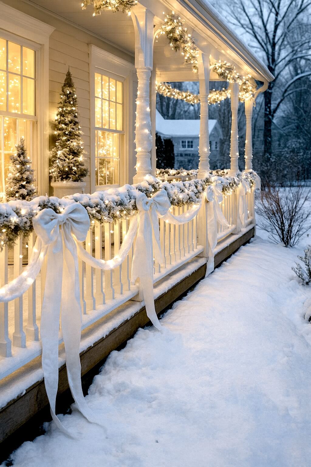 Soft white garlands, oversized snowy bows, and twinkling warm lights wrap around a front porch railing, creating a dreamy winter glow. Frosted mini trees in the windows add even more charm to these white Christmas decor ideas.