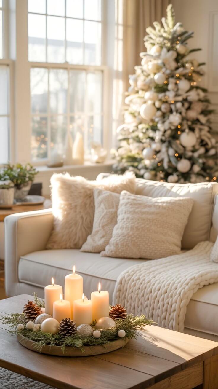 Soft candlelight glows in a wreath centerpiece made of evergreens, pinecones, and white ornaments, while a snowy Christmas tree sparkles behind the cozy sofa. This layered, textural setup captures peaceful white Christmas decor ideas.