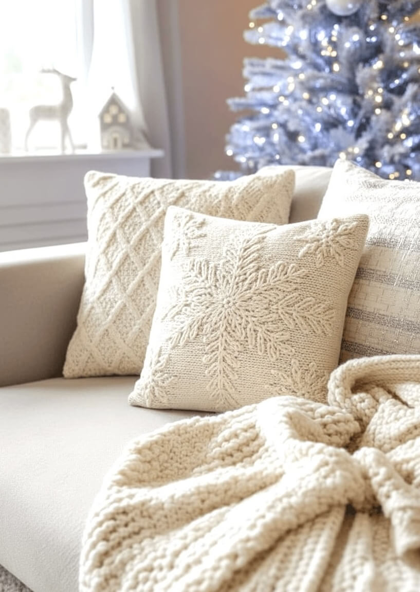 Chunky knit pillows and a warm textured throw brighten a neutral sofa, with a frosted Christmas tree glowing softly in the background. These inviting touches bring simple, relaxing white Christmas decor ideas to life.