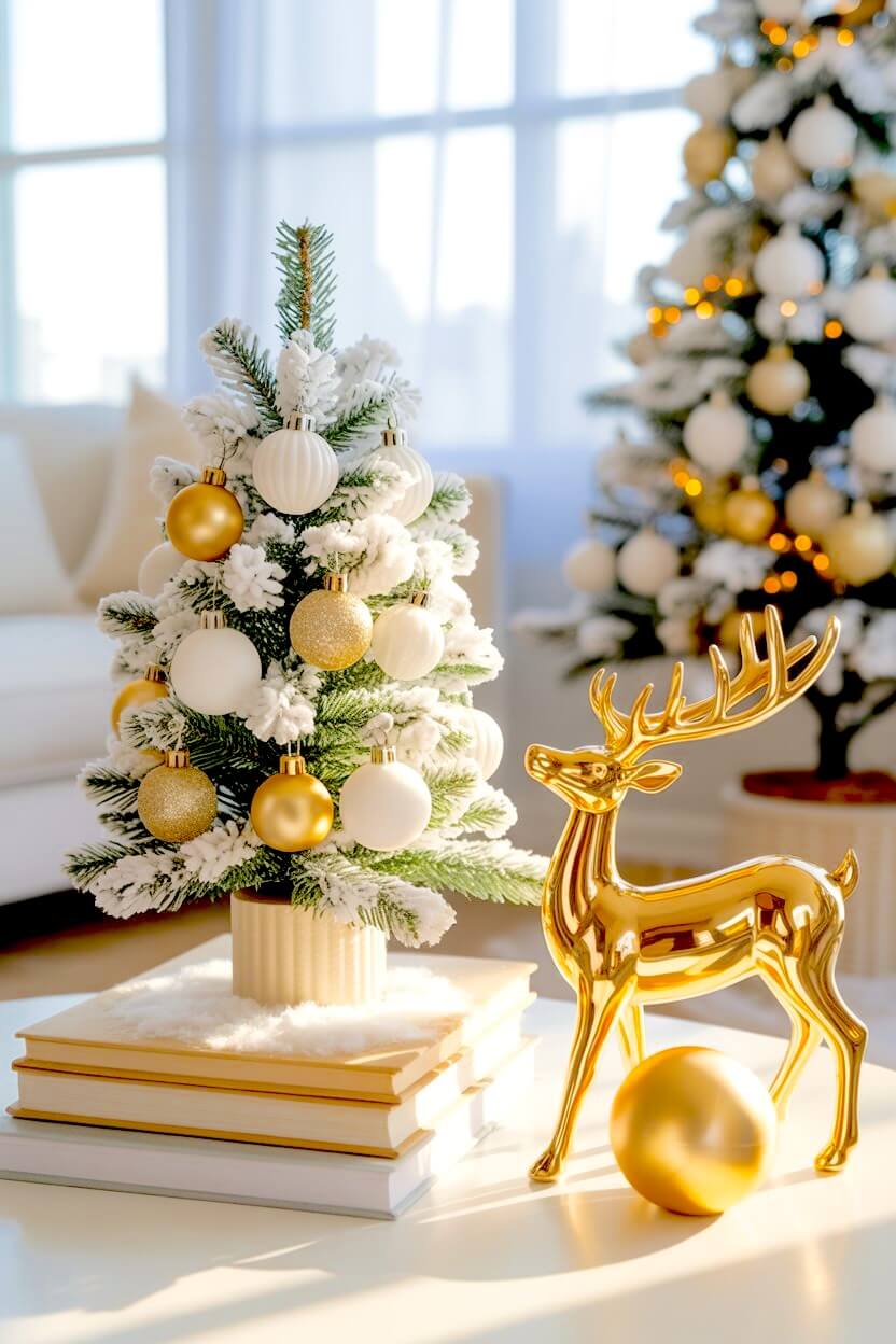 A petite snowy Christmas tree decorated with white and gold ornaments sits atop stacked books, paired with a shiny gold reindeer figurine. This playful yet elegant moment highlights sweet tabletop white Christmas decor ideas.