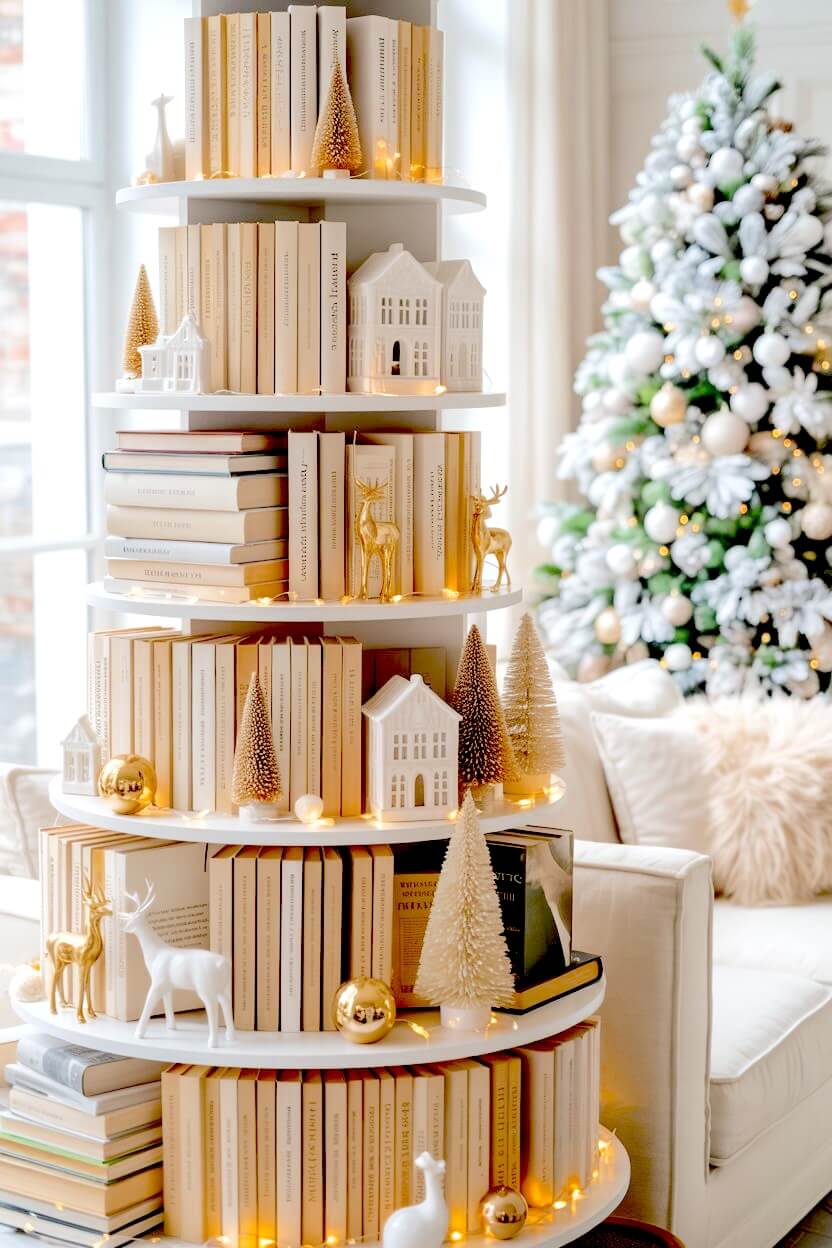 A white built-in shelf is trimmed with glowing garland, winter greenery, pinecones, and simple candles, blending seamlessly with warm-toned books. These soft layers create inviting, understated white Christmas decor ideas for any living room.
