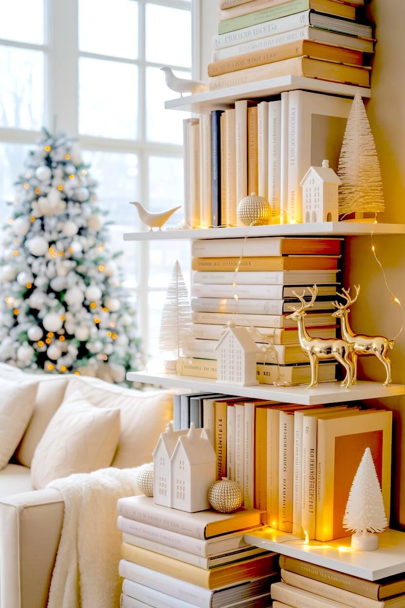 Soft snowy garland drapes along a white staircase, layered with frosted pine, warm twinkle lights, and clusters of wintery textures. The white Christmas decor creates a serene glow that feels inviting and elegant for a quiet holiday moment.