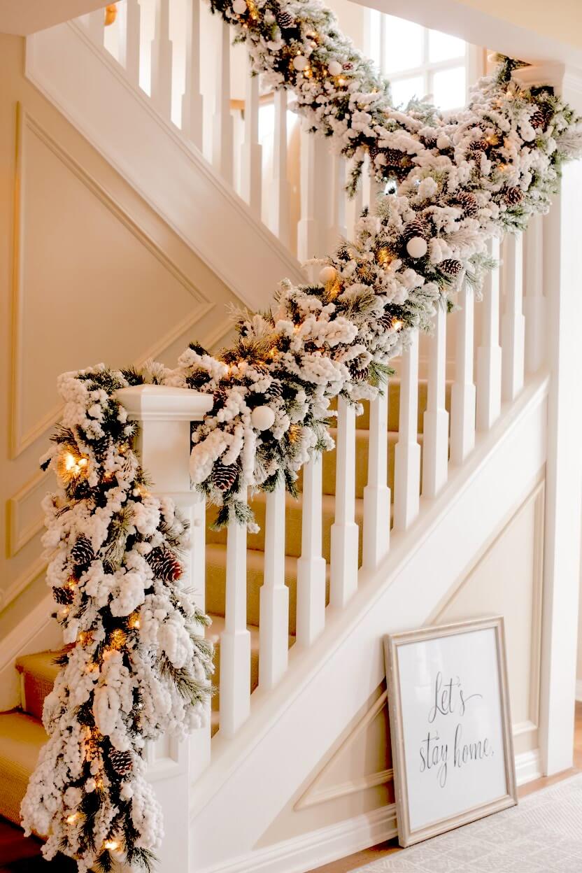 A calm neutral bedroom is styled with winter pillows, layered cream bedding, and soft reindeer motifs that bring a gentle seasonal charm. The white Christmas decor leans warm and serene, creating a restful space with subtle holiday texture.