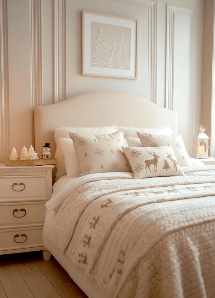 A calm neutral bedroom is styled with winter pillows, layered cream bedding, and soft reindeer motifs that bring a gentle seasonal charm. The white Christmas decor leans warm and serene, creating a restful space with subtle holiday texture.