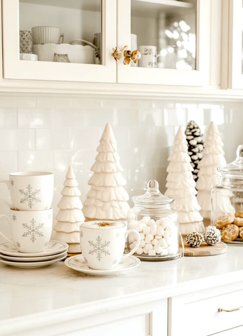 Ceramic white Christmas trees, snowflake mugs, and jars of marshmallows create an inviting kitchen moment with soft winter light. The white Christmas decor feels warm and charming, blending simple styling with soft seasonal accents.