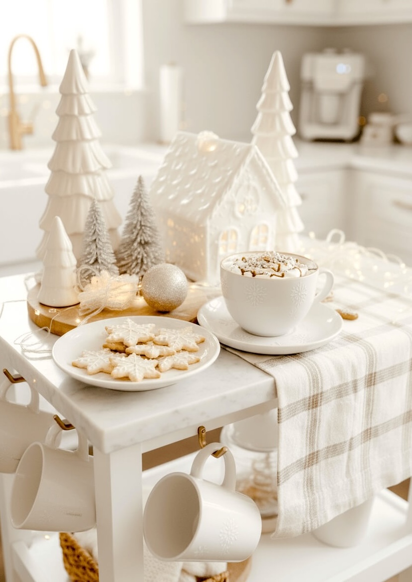 A warm holiday cart is styled with ceramic trees, a glowing white gingerbread house, snowflake cookies, and a cozy mug of cocoa. The layered white Christmas decor creates a sweet, welcoming moment filled with soft lights and gentle textures.