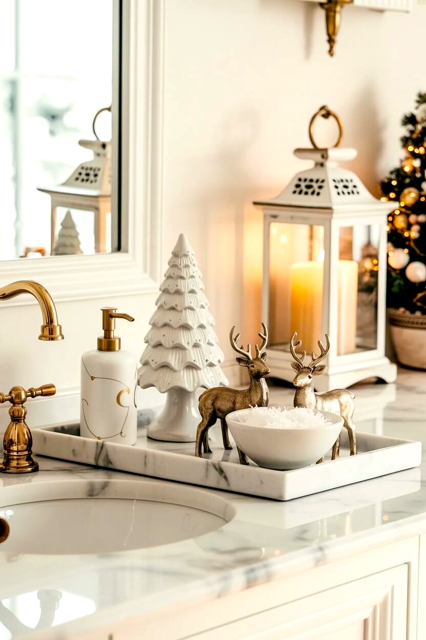 A bathroom counter glows with a ceramic tree, gold accents, soft lantern light, and two metallic reindeer framing a bowl of bath salts. The white Christmas decor brings a warm, polished touch to the serene marble space.