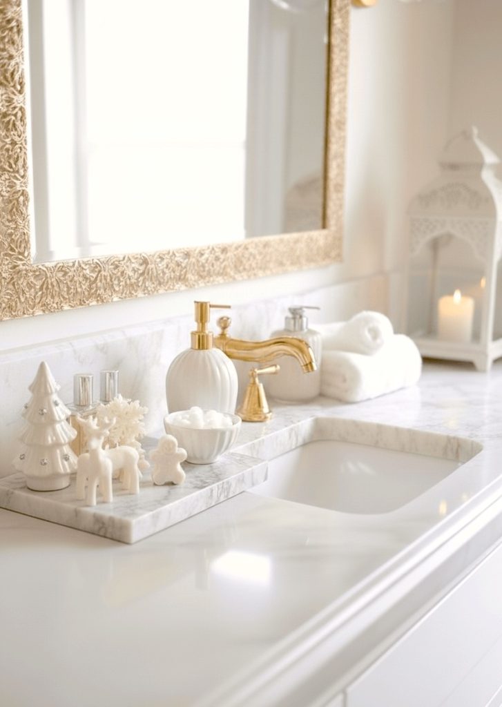 A marble bathroom vanity is styled with soft gold hardware, winter figurines, a textured soap dispenser, and a glowing lantern in the background. The white Christmas decor adds a refined, peaceful holiday layer to the bright space.