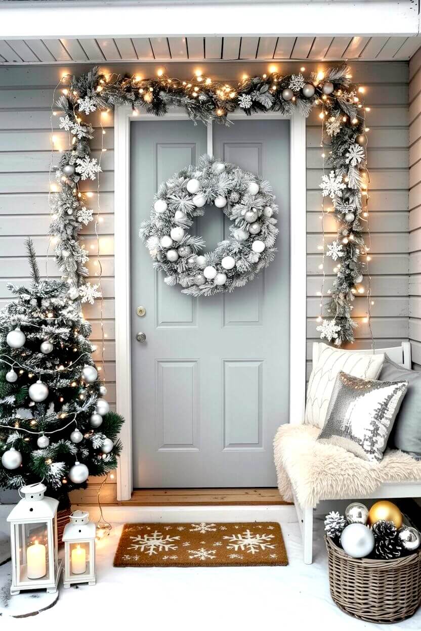 A frosted wreath, snow-dusted garland, silver ornaments, and a cozy corner bench turn this winter front door into an elegant seasonal welcome. These layered textures and soft lights highlight simple, beautiful white Christmas decor ideas.