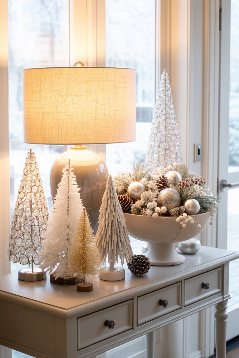 A console table glows with warm lamp light and sparkling white Christmas trees made of glass, faux snow, and delicate textures. A frosted bowl arrangement of pine, ornaments, and berries completes these elevated white Christmas decor ideas.