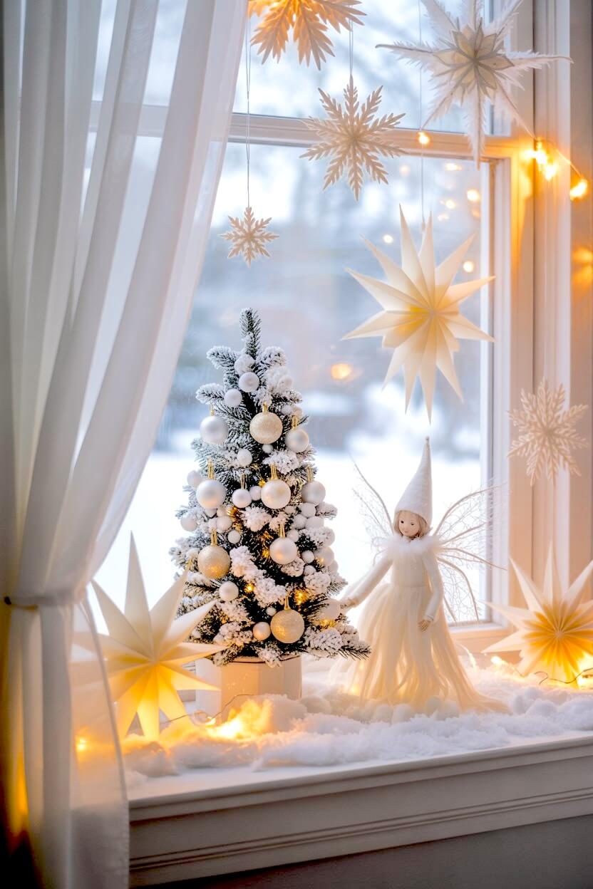 Hanging paper stars, twinkling lights, and a tiny snow-dusted Christmas tree create a magical winter scene on the windowsill. A soft fairy figurine adds a sweet touch to these whimsical white Christmas decor ideas.