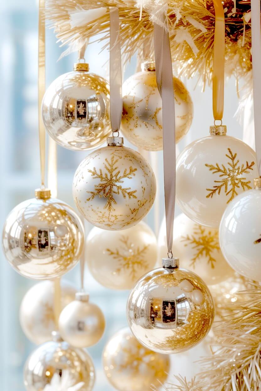 Shiny gold and pearl-white ornaments hang from soft satin ribbons, each decorated with delicate snowflake designs that shimmer in the light. Their reflective glow creates beautiful, timeless white Christmas decor ideas for any tree.
