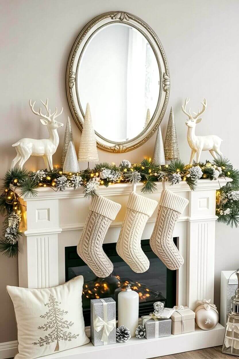A cozy mantel shines with soft garland lights, snowy pinecones, knit stockings, and elegant white deer figurines. These simple layered pieces highlight calm, stylish white Christmas decor ideas for a welcoming living room.