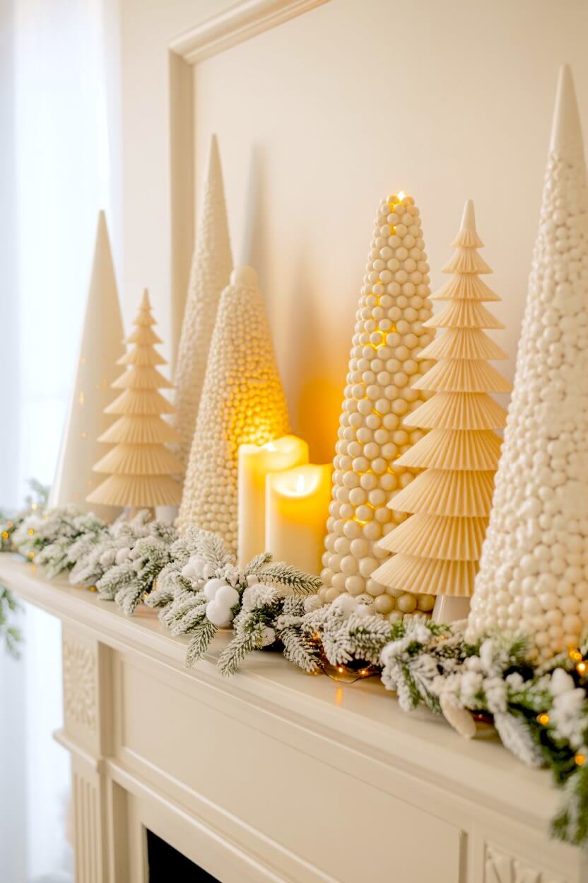 Cream and ivory tabletop Christmas trees line the mantel, paired with glowing candles and frosted greenery for a serene winter moment. The textures and warm light create soft, sculptural white Christmas decor ideas.