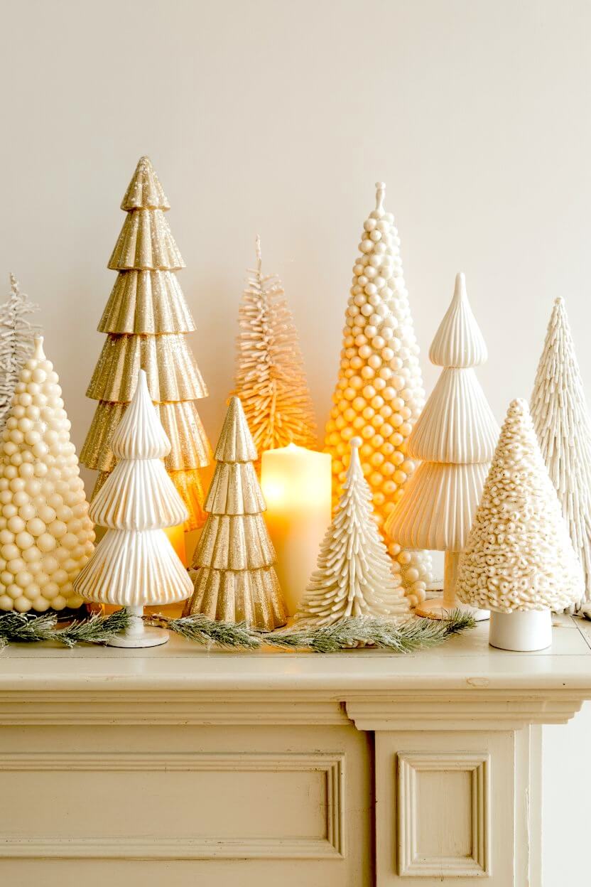 A collection of tall glittered and matte ivory trees surrounds warm candlelight on a classic mantel, adding richness and depth to the neutral palette. These layered elements offer sophisticated white Christmas decor ideas with a modern twist.