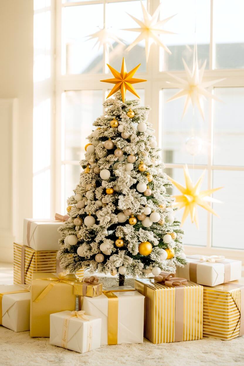 A flocked Christmas tree shines with white and gold ornaments, surrounded by star lanterns and neatly wrapped gifts in soft metallic tones. The gentle light and neutral palette highlight elegant white Christmas decor ideas.