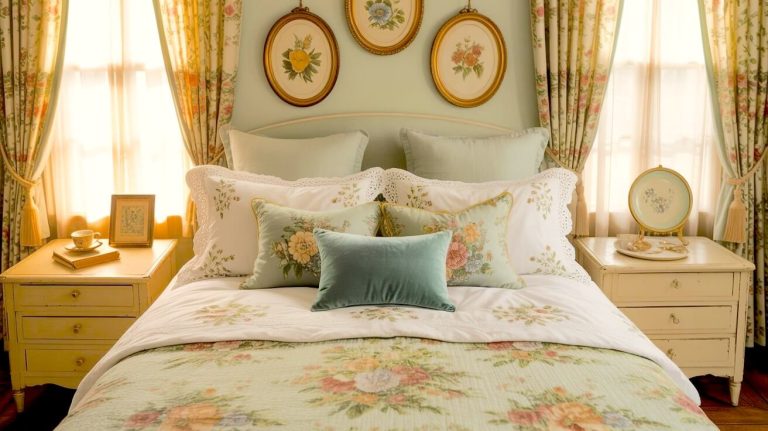 Warm sunlight filters through floral curtains onto layered cream and green bedding in this grandmacore bedroom decor idea. Botanical pillows, oval vintage wall art, and delicate embroidery bring a romantic cottage feel with a refined, nostalgic glow.