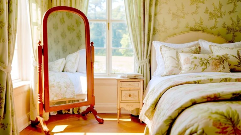 Featuring green garndmacore bedroom elegance, a standing mirror with a warm wood frame reflects layered floral bedding and soft window light. The painted nightstand and delicate curtains keep the palette light and consistent. Traditional proportions and natural materials ground the space.