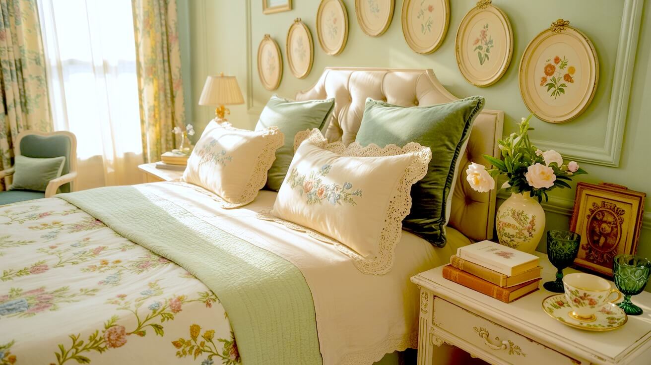 A soft wave of morning light pours across layered lace pillows and velvet greens, bringing a gentle glow to this green grandmacore bedroom. Botanical art frames the wall above the tufted headboard, while fresh florals and vintage glass add a charming bedside moment.