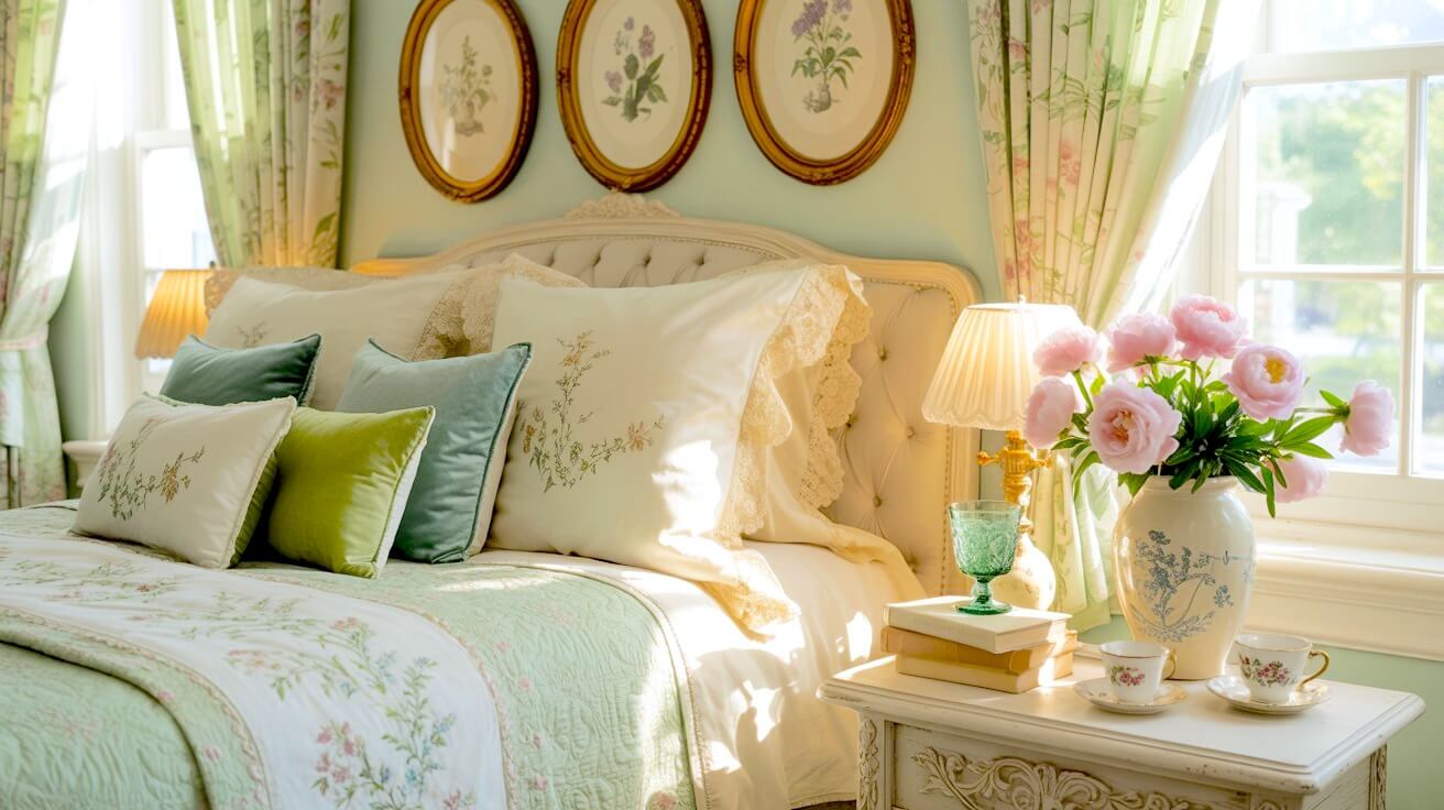 Golden morning light settles across layered velvet and lace pillows in this green grandmacore bedroom. Botanical frames warm the wall above the tufted headboard, and blush peonies in a painted vase bring a soft cottage charm to the nightstand.