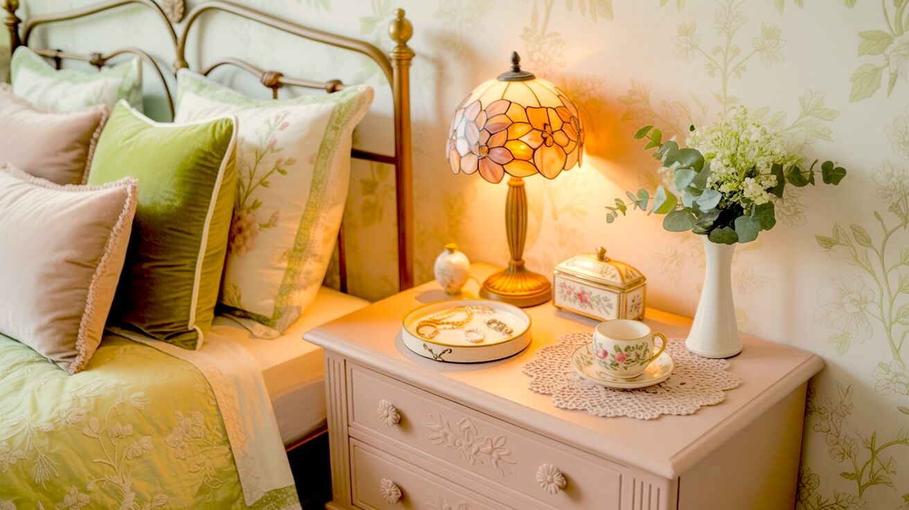 Featuring green grandmacore lighting ideas, this bedside scene highlights a peach-petaled stained-glass lamp casting warm light across a floral nightstand vignette. Soft green pillows and embroidered bedding echo the wallpaper’s botanical pattern. A lace doily, teacup, and jewelry tray add gentle vintage texture to the setup.