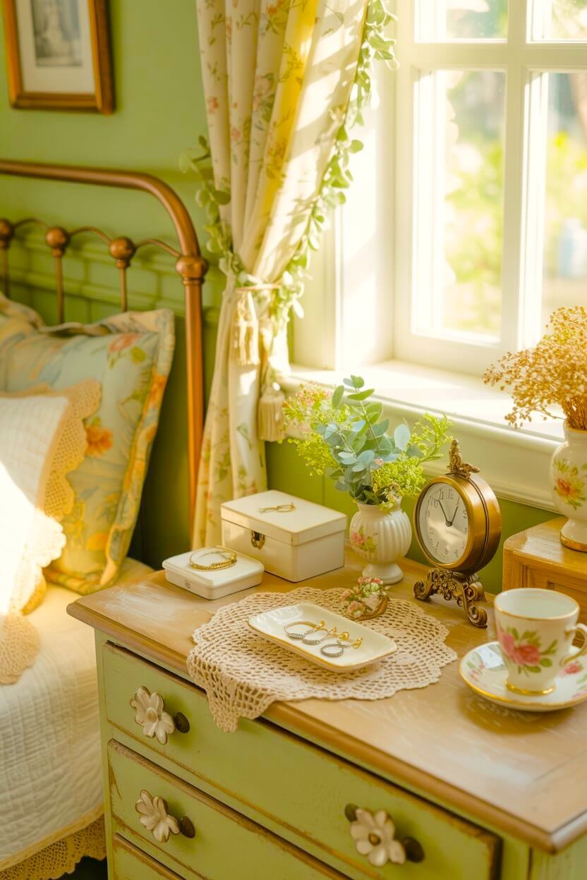 Golden afternoon light falls across a floral dresser vignette styled with lace doilies, vintage boxes, greenery, and a small ornate clock in this Green Grandmacore Bedroom Ideas moment. Soft floral curtains and a brass bed frame complete the sweet cottage atmosphere.