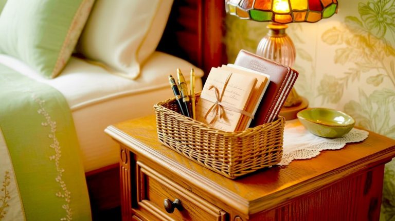 Featuring green grandmacore bedroom basket ideas shown as a small woven stationery basket styled on a wooden bedside stand. The basket holds handwritten letters, notebooks, and pens, paired with a stained-glass lamp, lace runner, and ceramic dish. Soft green bedding and floral wallpaper frame the scene with an elegant, lived-in feel.