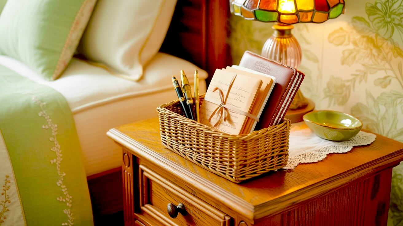 Featuring green grandmacore bedroom basket ideas shown as a small woven stationery basket styled on a wooden bedside stand. The basket holds handwritten letters, notebooks, and pens, paired with a stained-glass lamp, lace runner, and ceramic dish. Soft green bedding and floral wallpaper frame the scene with an elegant, lived-in feel.