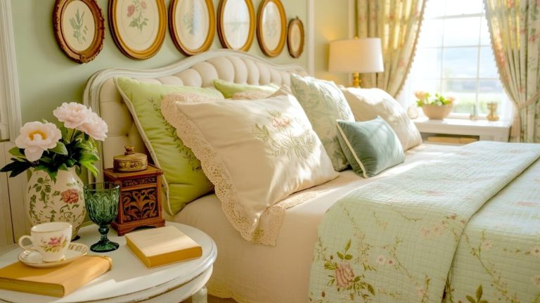 A gentle sunrise fills this green grandmacore bedroom, highlighting the floral quilt and plush pastel pillows. A carved wooden box, soft blooms, and vintage glassware create a textured, cozy bedside vignette that feels both collected and serene.