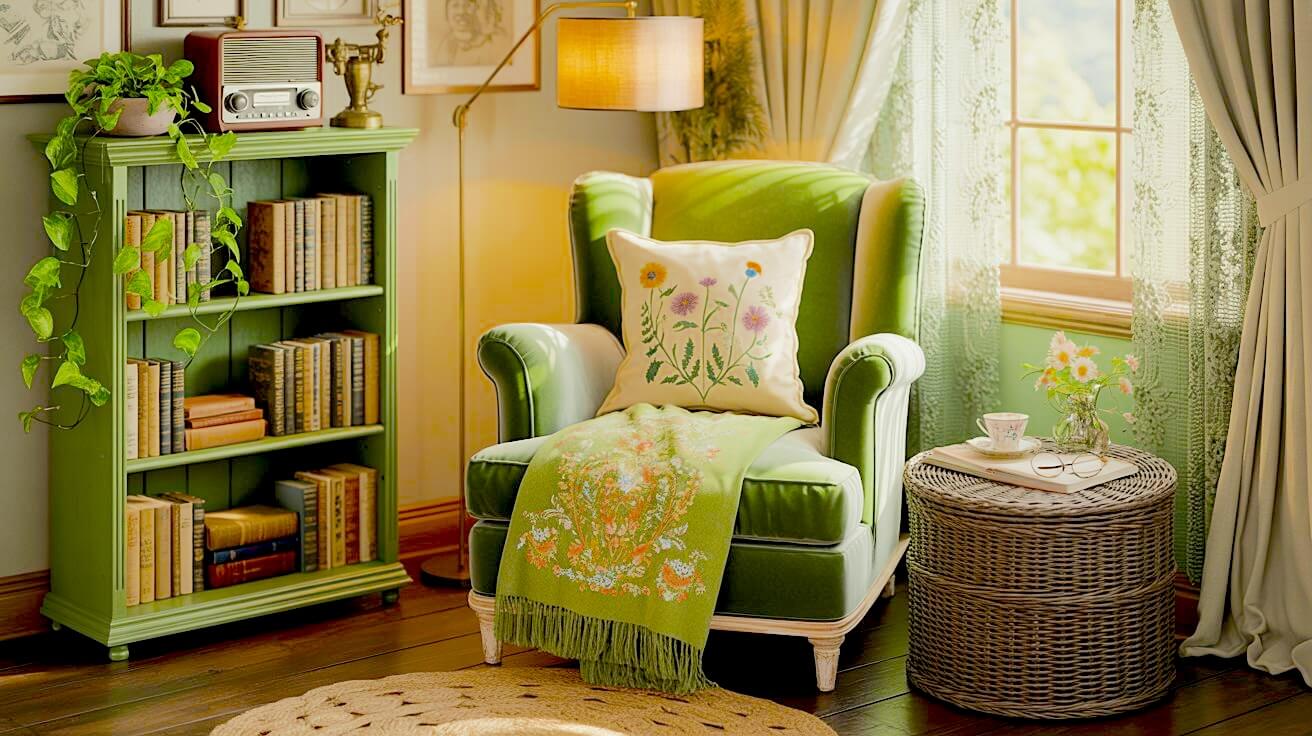 A soft green grandmacore bedroom reading nook styled with a plush wingback armchair, floral embroidered pillow, and a folded botanical throw draped across the seat. A painted green bookcase filled with vintage books and trailing plants adds character and lived-in charm. Sheer curtains, warm lamp light, and a woven side table create a calm, inviting corner for slow mornings or quiet evenings.